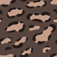 Seamless leopard print pattern with warm brown shades and black accents, perfect for backgrounds, textiles, and fashion applications. This bold and dynamic design exudes a stylish and elegant appeal
