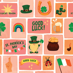 St. Patrick's Day seamless pattern with symbols of fortune and good luck. Mosaic background with leprechaun, horseshoe, four-leaf clover, ladybug, beer, flag, rainbow. Vector flat color design.