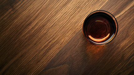 Obraz premium Whiskey, a traditional drink consumed in various parts of Europe, placed on a wooden bar and photographed from an overhead perspective. A strong alcoholic beverage.