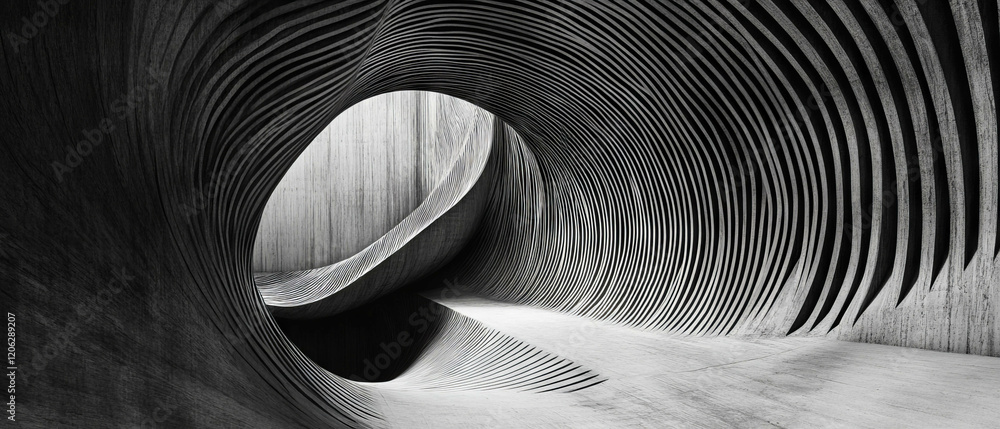 Poster exploring the rhythmic texture of converging lines and vanishing points in a modern structure