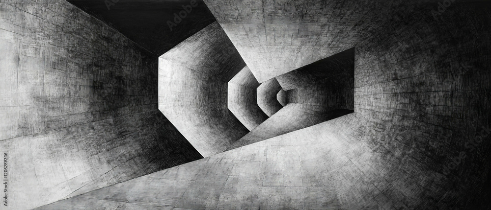 Poster exploring the depth created by converging lines and intricate vanishing points in architecture