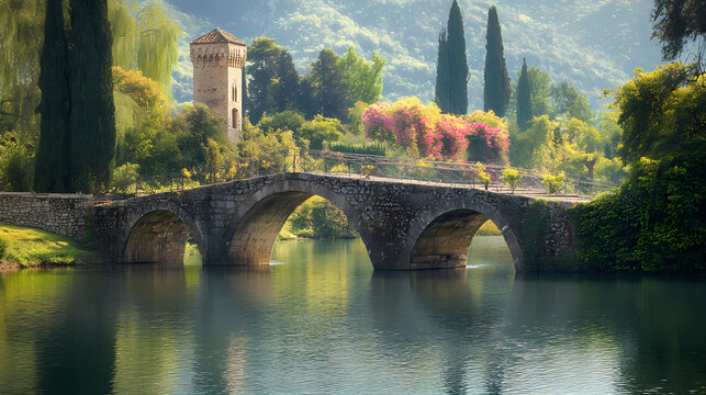 Relaxing view of the medieval stone bridge over the lake in the garden of ninfa, italy, medieval, stone bridge, lake, garden. Gothic Garden. Illustration