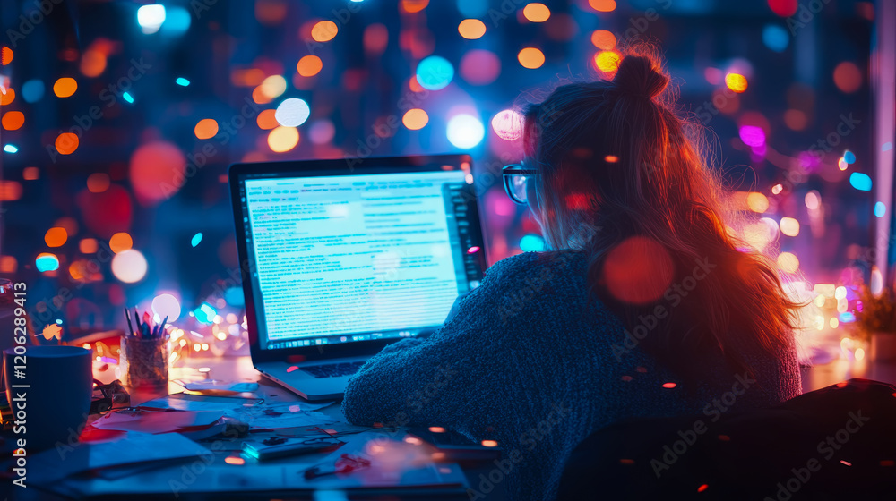 Poster nighttime coder: woman working on laptop with festive lights