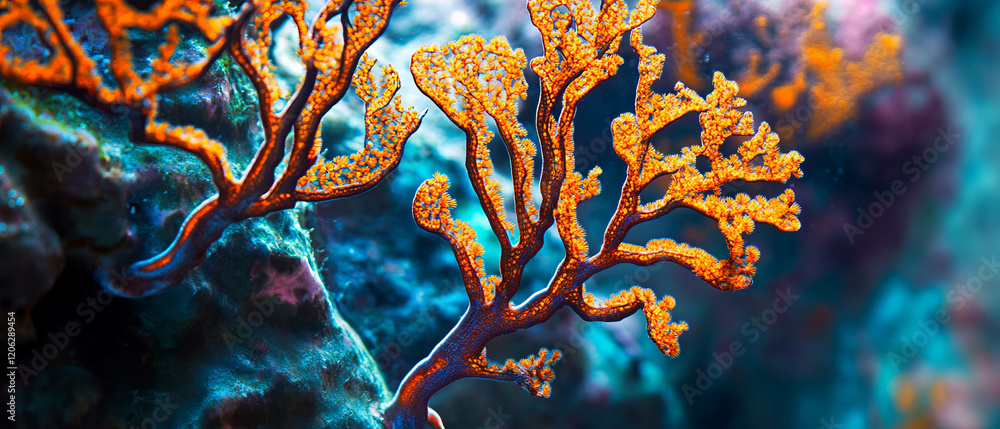 Poster vibrant coral textures with intricate branching structures in underwater environment