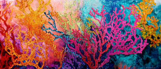 Vibrant coral textures and branching structures in a colorful underwater habitat