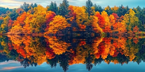 Naklejka premium A picturesque autumn scene with colorful trees reflecting on the calm surface of a tranquil lake, creating a stunning natural landscape