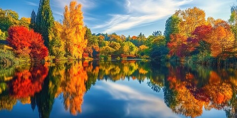 Naklejka premium A picturesque autumn scene with colorful trees reflecting on the calm surface of a tranquil lake, creating a stunning natural landscape