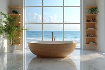 Fototapeta premium Modern bathroom with ocean view and wooden bathtub