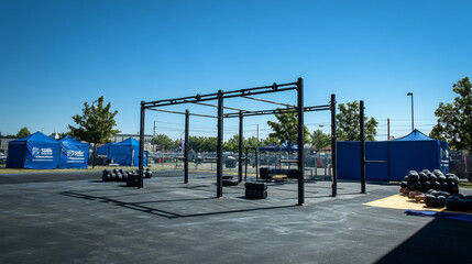 "Crossfit equipment arranged and ready, set in anticipation of the competition to begin."