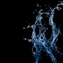 Dynamic water splash on black background. Liquid motion photography. High-speed capture of blue fluid droplets. Abstract art. Refreshing and energetic visual