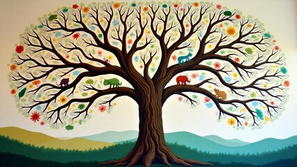 A vibrant mural of the phylogenetic tree with colorful branches showing species, DNA strands, and molecular patterns, blending art and science beautifully.