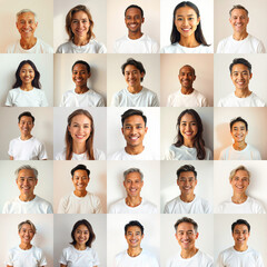 Fototapeta premium Diverse Group Portrait Collection Showing Smiling People Light Background, Representing Inclusivity and Unity