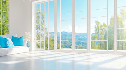 Fototapeta premium Serene Mountain View Room Interior Design: White Sofa, Bright Sunlight, and Panoramic Window