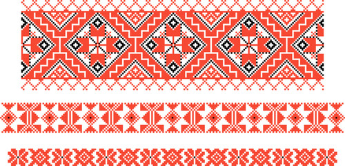 Set of Slavic ornaments. Symbolic image of nature, wealth, harvest. Repeating pattern in authentic red and white colors.