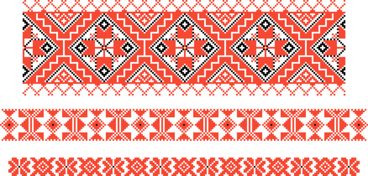 Set of Slavic ornaments. Symbolic image of nature, wealth, harvest. Repeating pattern in authentic red and white colors.