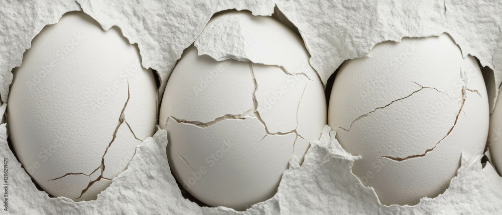Poster cracked eggshells with fragile white texture and irregular patterns create intrigue