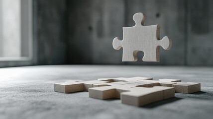 Wooden puzzle piece floating above other pieces in grey room
