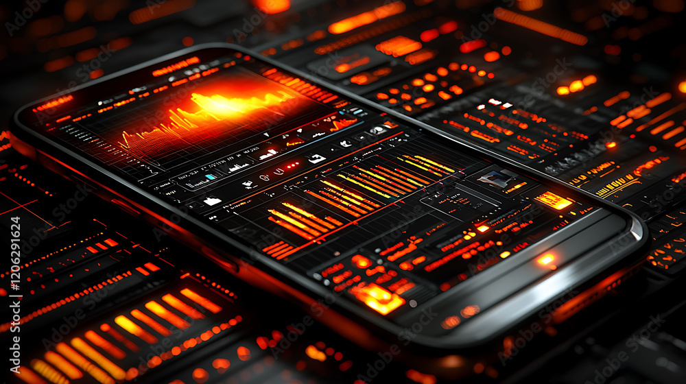Poster futuristic smartphone displays dynamic data visualizations. intricate orange and black ui showcases 