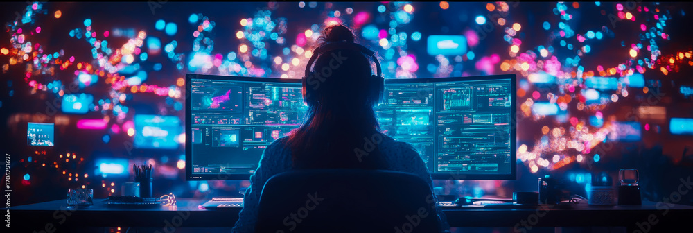Aufkleber night city coder: woman working late at dual monitors with neon lights