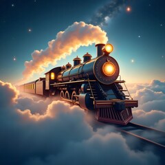 A vintage steam train gracefully travels through a sky of fluffy clouds