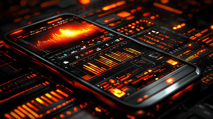 Futuristic smartphone displays dynamic data visualizations.  Intricate orange and black UI showcases stock market trends, perfect for tech, finance, and digital concepts.