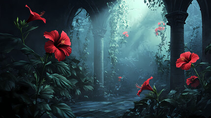 Fototapeta premium Amidst the gothic garden, hibiscus flowers emitted an eerie glow, their red petals surrounded by shadows and mist. Gothic Garden. Illustration