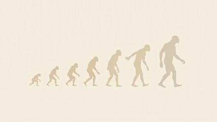 Minimalistic flat design of human evolution, with simple silhouettes in earth tones, transitioning from ape-like ancestors to modern humans on a clean background.