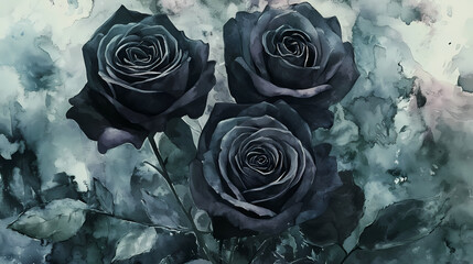Black roses, thorns entwined, gothic garden, watercolor style. gothic. illustration. Gothic Garden. Illustration