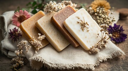 Handmade soap bars arranged with dried flowers and a natural linen cloth