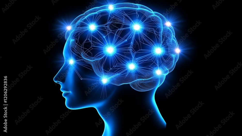 Poster glowing neural network pattern exploring the depths of human cognition and consciousness