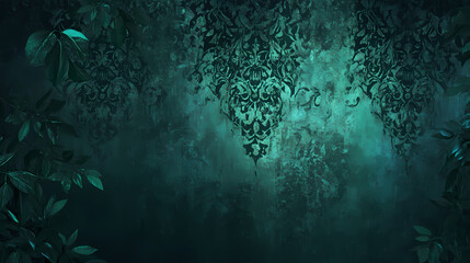 Fototapeta premium Dark velvety gothic backdrop with lace patterns and faint green glowing light. Gothic Garden. Illustration