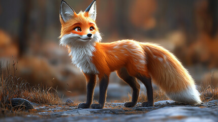 Fototapeta premium Curious red fox standing on a rock in the forest