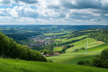 Fototapeta premium Stunning Panoramic View Green Rolling Hills Rural Village Wind Turbine Scenic Landscape Breathtaking Nature Countryside Idyllic Farmland Picturesque Meadows Serene 
