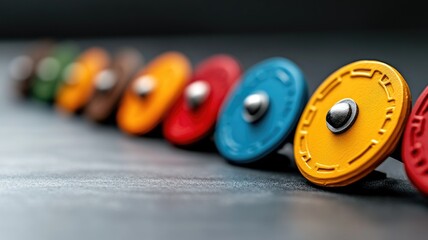 Colorful circular objects with metallic centers lined horizontally on black surface