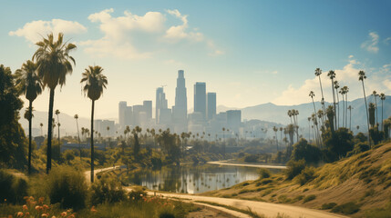 Fototapeta premium Photographie de la ville de Los Angeles aux USA, Amérique. Carte postale. Palmier, building, paysage. Voyage, vacances, visiter, pays. Pour conception et création graphique.