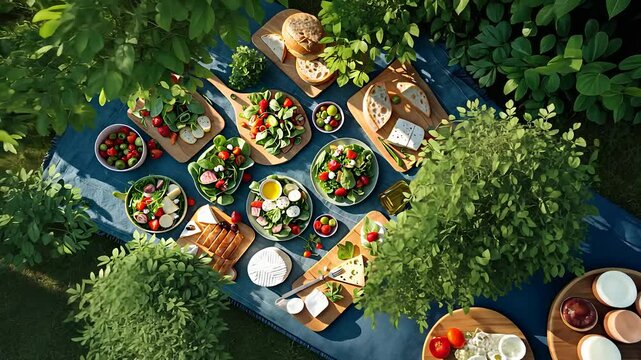 Top View of a Picnic Table with Fresh Salads, Bread, Fruits, and Vegetables Surrounded by Greenery in a Garden

