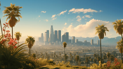 Photographie de la ville de Los Angeles aux USA, Amérique. Carte postale. Palmier, building, paysage. Voyage, vacances, visiter, pays. Pour conception et création graphique.