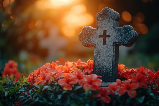 The solemn beauty of a  cemetery with a grave marker and cross engraved on it, set against a softly blurred background to create a sense of peaceful serenity. Funeral concept