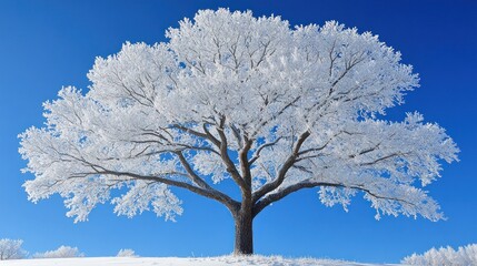 Naklejka premium Frosty winter tree, snowy field, blue sky, holiday card