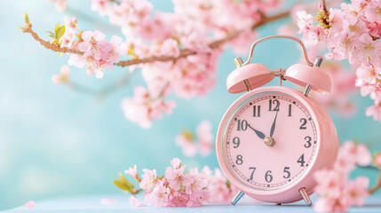 Pink Alarm Clock and Spring Blossoms: A Gentle Awakening