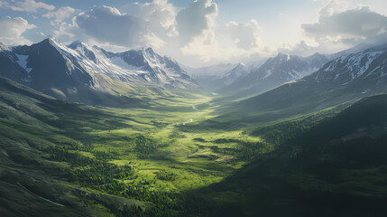 Panoramic view of a majestic valley in the mountains. Majestic Valley. Illustration