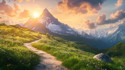 Serene mountain valley landscape with winding paths, showcasing a majestic peak and lush green meadows under a vibrant sky. Majestic Valley. Illustration