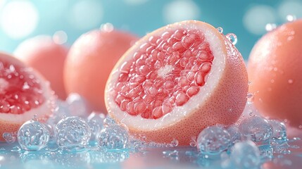 Fototapeta premium Fresh grapefruit halves surrounded by ice cubes