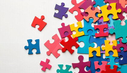 Colorful puzzle pieces scattered on white background, creativity and unity