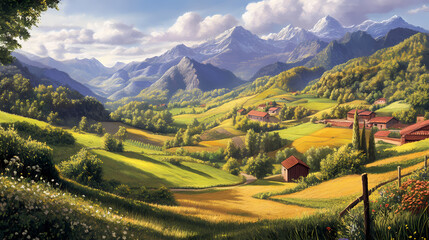 Naklejka premium Serene valley farmland nestled in majestic mountains. Majestic Valley. Illustration