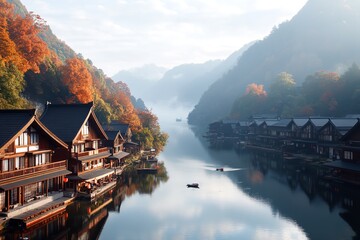 Fototapeta premium Colorful autumn foliage decorates the landscape as traditional wooden houses line the calm river, embracing the peaceful morning atmosphere in a mountainous region