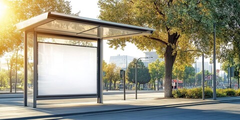 Fototapeta premium A modern bus stop with clear glass walls and blank white posters on the inside, set against an urban street background with trees in the distance. 