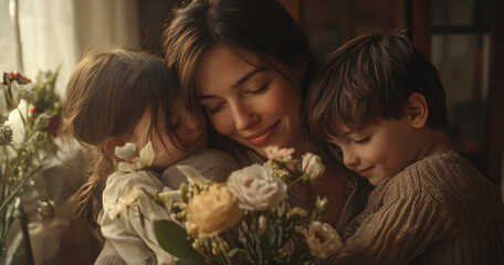 A loving mother holds a bouquet of flowers while embracing her children in a warm and joyful moment at home. Heartfelt connection and happiness of a family celebrating Mother&rsquo;s Day together.