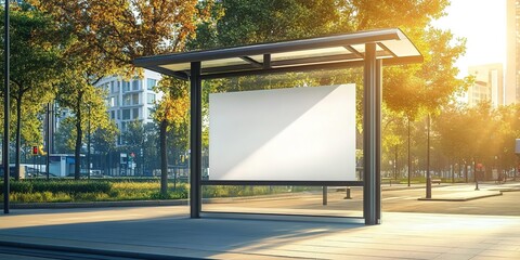 Fototapeta premium A modern bus stop with clear glass walls and blank white posters on the inside, set against an urban street background with trees in the distance. 