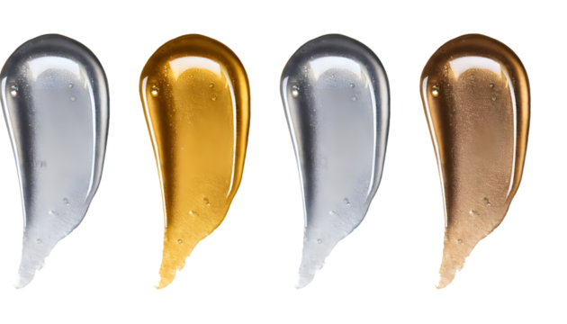 set of silver and gold color cosmetic product cut out design; transparent gel texture smear 